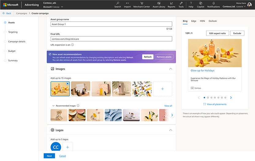 The Copilot interface for supporting ad campaigns.